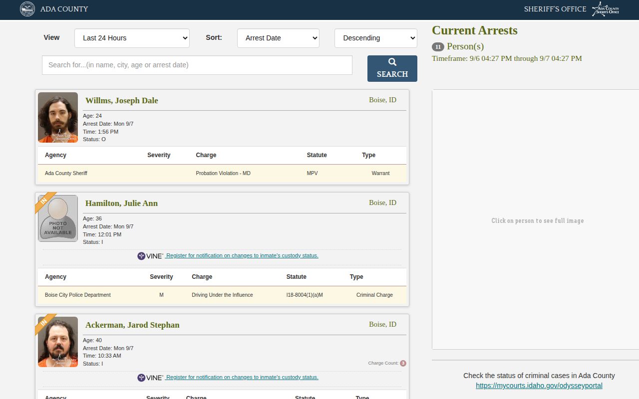 Ada County arrest report interface used to cross-check Boise County arrests