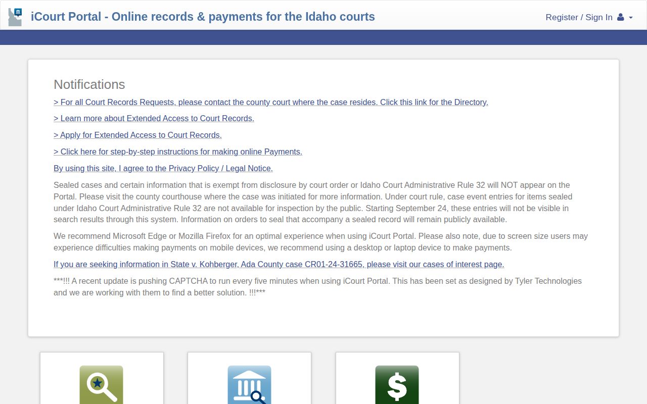 Idaho iCourt case search for a Boise County arrest disposition