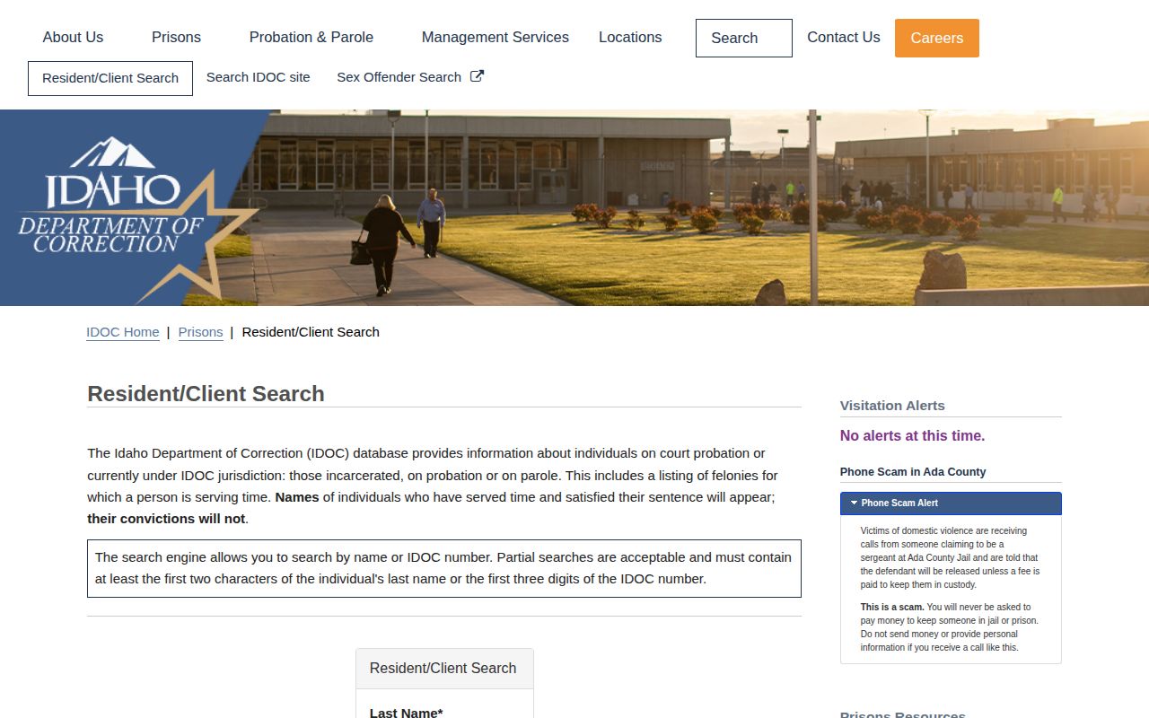 Idaho Department of Correction Resident and Client Search page